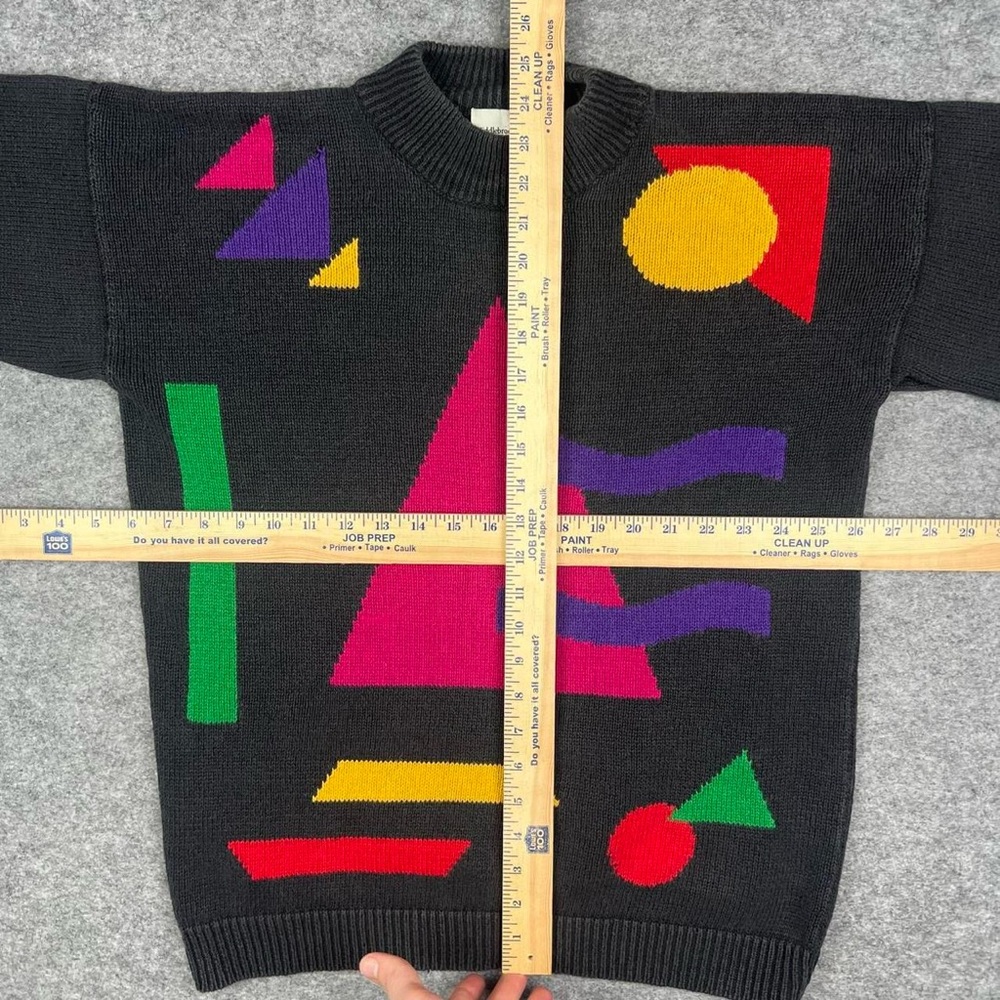 Black Geometric Pattern Crewneck Sweater with Pink Triangle - Picture 6 of 7